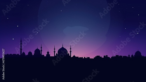 Mosque dome and crescent moon in the background  arabic text  Eid al-Adha  Eid al-Fitr  symbol of Islamic religion and empty space for text. Generative AI