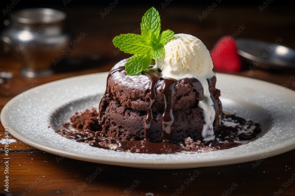 A deliciously tempting molten chocolate cake, freshly baked and served on a rustic wooden table, with a scoop of vanilla ice cream melting on top, and a dusting of powdered sugar A deliciously tempting molten chocolate cake, freshly baked and served on a rustic wooden table, with a scoop of vanilla ice cream melting on top, and a dusting of powdered sugar
