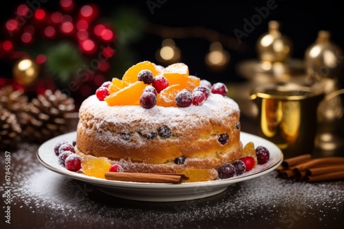 A traditional Portuguese Bolo Rei, beautifully decorated with crystallized fruits and nuts, dusted with powdered sugar, ready to be served for Christmas celebration