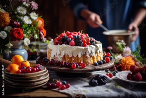 A traditional Lithuanian Sakotis cake, beautifully decorated with colorful flowers and berries, being served at a festive family gathering
