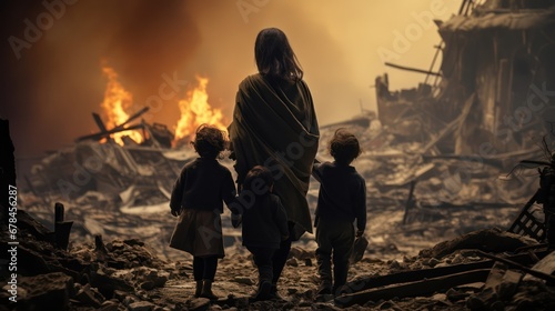 A mother with her two children watched the ruins ruins of buildings caused by war. Generative AI illustratioan