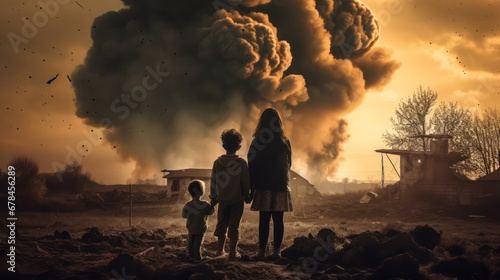 War effect. A mother with her two children watched the ruins ruins of buildings caused by war. Generative AI illustratioan photo