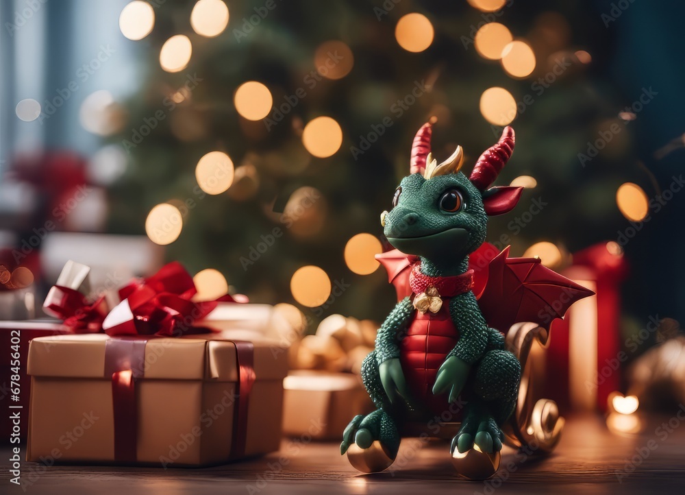 Fototapeta premium A hyper realistic cute cartoon dragon creature dressed for Christmas.Happy New Year 2024