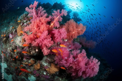 Colorful underwater coral reef exemplifies nature's beauty and delicacy. Generative AI © Jahzara