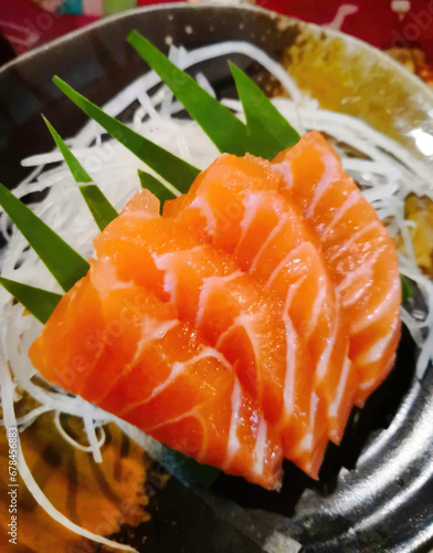Salmon sashimi on plate, japanese food.