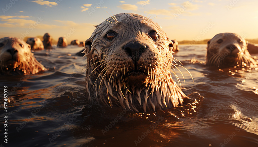 Fototapeta premium Cute seal playing in the water, looking at camera generated by AI