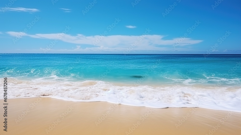 Waves on the beach ,Blue sky and clear water.  clear sky background. Beach and tropical sea,  Generative AI