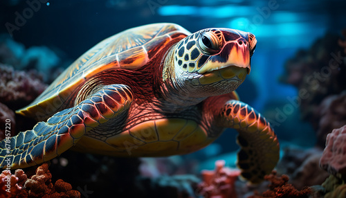 A multi colored sea turtle swimming in the blue underwater generated by AI © Stockgiu
