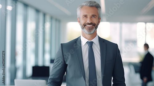 Happy middle-aged CEO in a suit stands in the office. The smiling and mature businessman, a professional executive manager