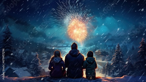New Year holiday. Happy family, parents and daughters children girls are watching fireworks. The child sits on the shoulders of his father on snowy winter walk in nature. Holidays winter season.