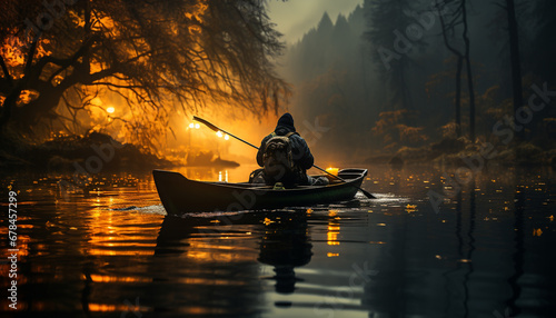 One person rowing a canoe at sunset, surrounded by nature generated by AI