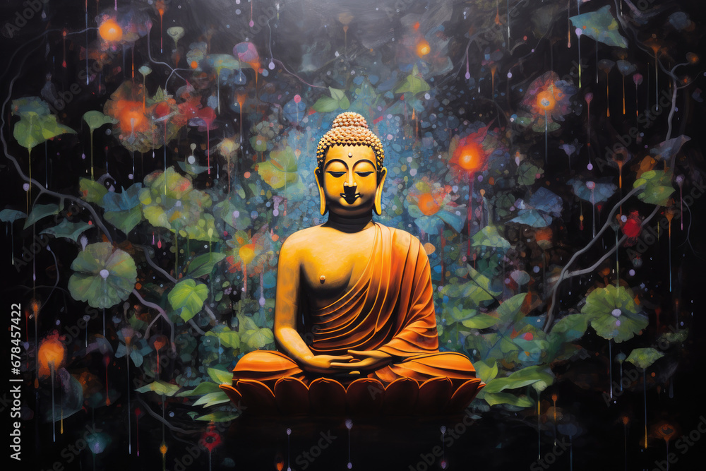 a colorful abstract painting of glowing golden buddha with leaves and dots