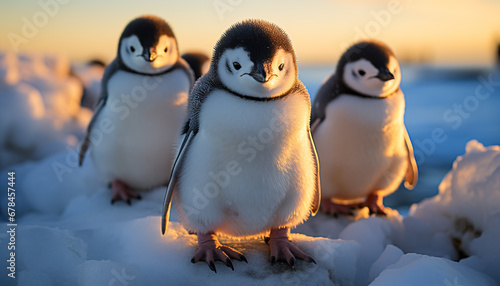 Cute penguin standing on ice, looking at camera, winter fun generated by AI
