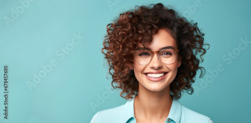 Portrait of young happy woman with dioptric glasses. Reading glasses, Prescription glasses, Skin care beauty, Skincare cosmetics, Dental concept. On light blue background.