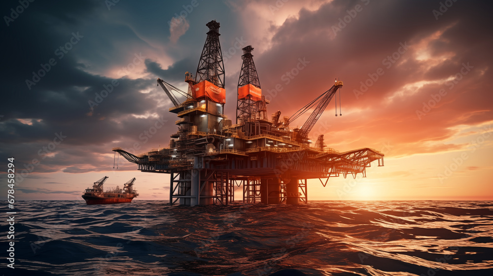 Offshore oil rig set against the vibrant backdrop of a sunset sky