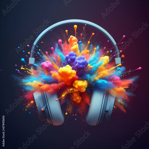 Festive Uplifting Vibrant Colorful Splash Dust and Smoke Explosion between the Ear Muffs on Stereo Headphones. Ready for Party Concept with Loud Music Sound Listening, Pulse, Bass, Twitter, and beats #678458616
