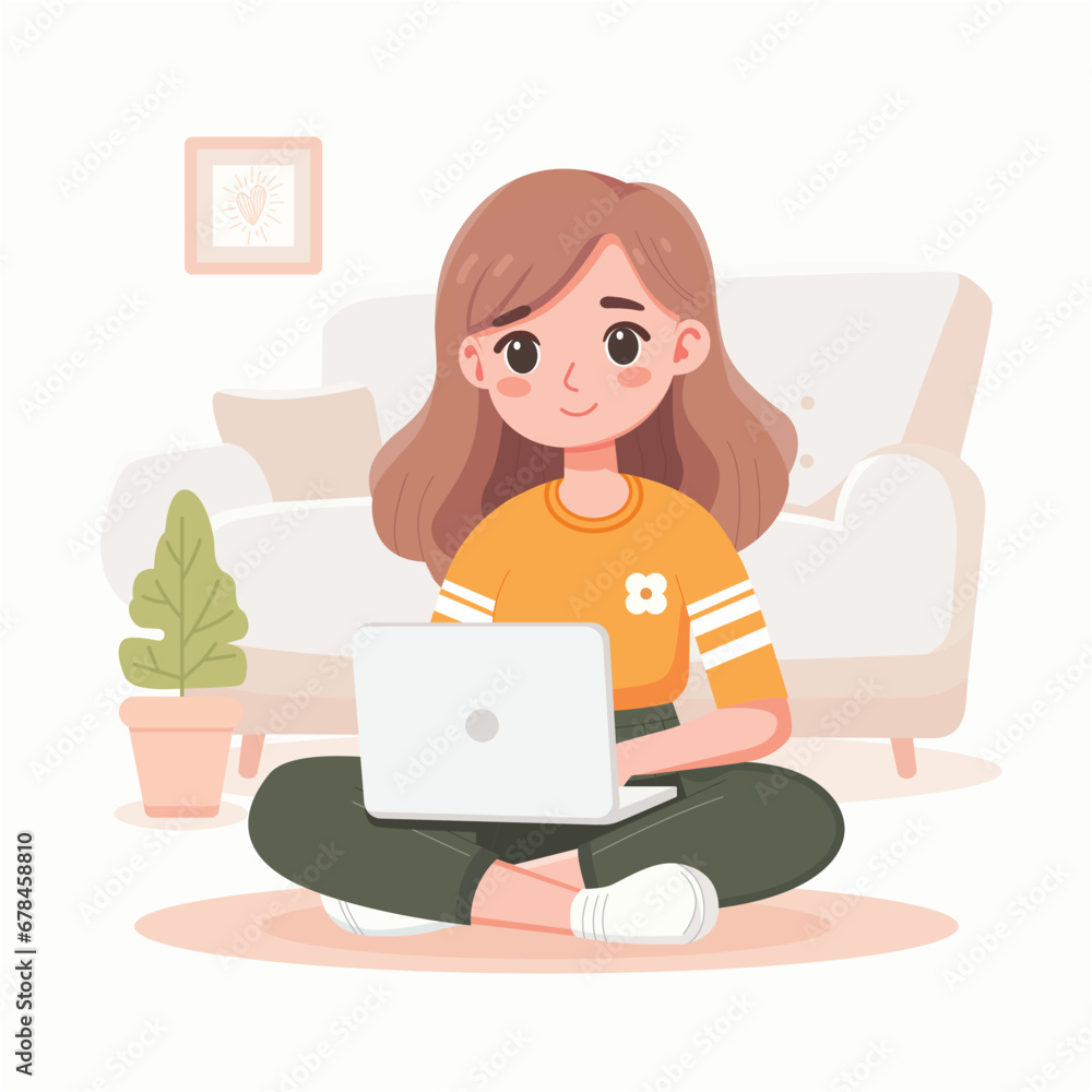 Cute girl working and studying using laptop cartoon flat character. Vector illustration Cute girl working and studying using laptop cartoon flat character. Vector illustration