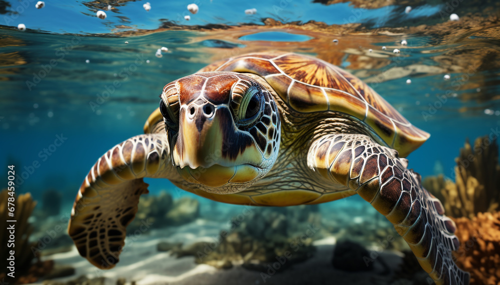 Fototapeta premium Underwater turtle swimming in blue sea with colorful coral reef generated by AI