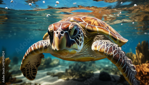 Underwater turtle swimming in blue sea with colorful coral reef generated by AI © Stockgiu