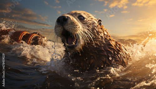 Cute dog splashing in the water, enjoying the summer fun generated by AI © Stockgiu