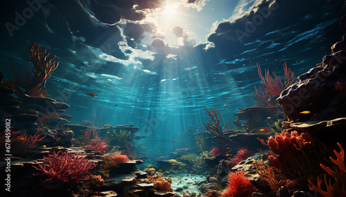 Underwater fish swim below blue water, exploring coral reef generated by AI