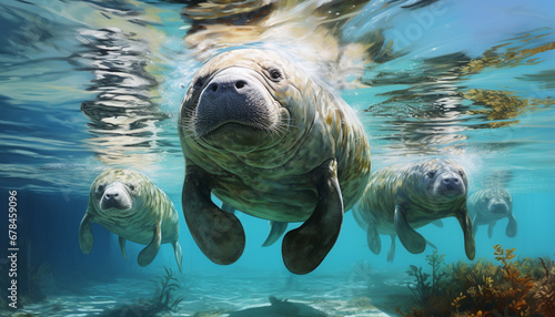 Majestic sea lion swimming in tranquil underwater landscape generated by AI
