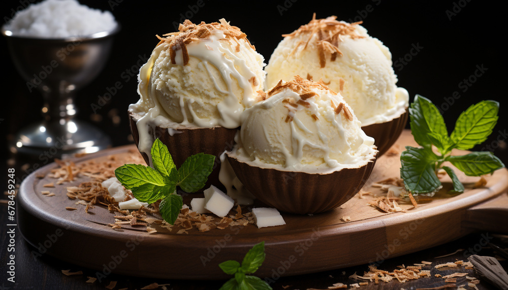Homemade chocolate cupcake with mint leaf on rustic wooden table generated by AI Homemade chocolate cupcake with mint leaf on rustic wooden table generated by AI