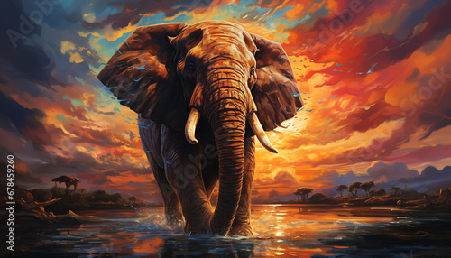 Majestic African elephant silhouette in tranquil sunset over savannah generated by AI