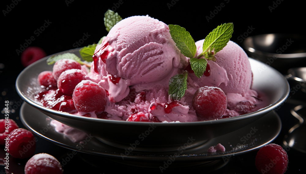 A refreshing scoop of raspberry sorbet on a mint leaf generated by AI A refreshing scoop of raspberry sorbet on a mint leaf generated by AI