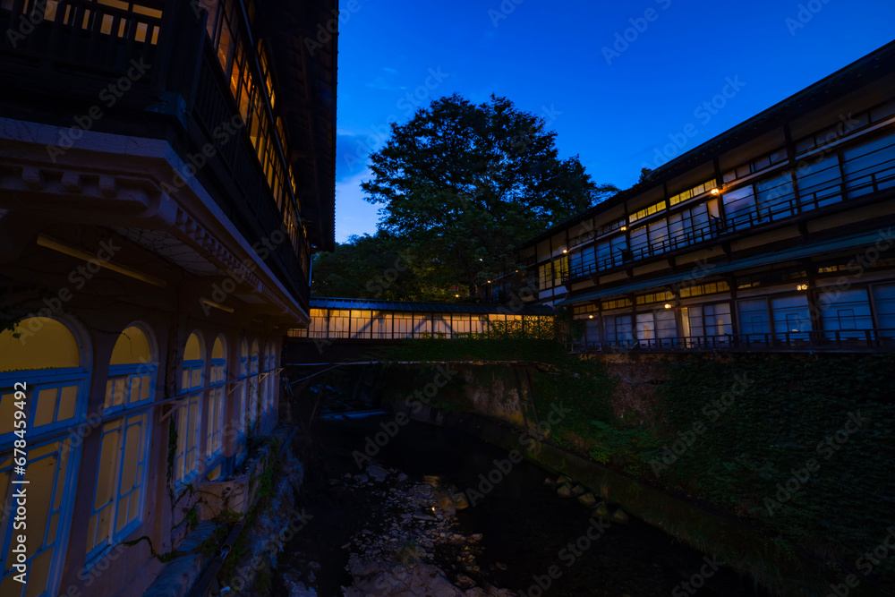 An old fashioned architecture in Nakanojo Gunma at dusk wide shot