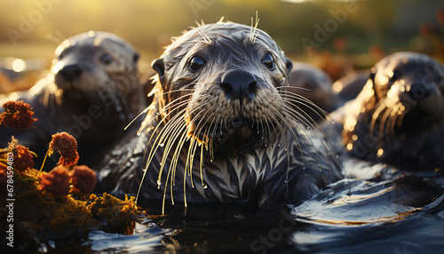 Cute seal swimming underwater, looking at camera, playful and wet generated by AI © Stockgiu