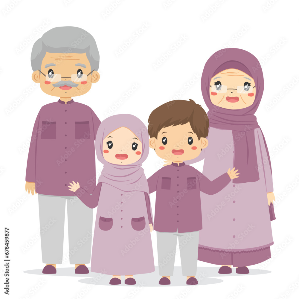 Happy Muslim grandparents and grandchildren in purple clothes standing together. Muslim family characters vector. Happy Muslim grandparents and grandchildren in purple clothes standing together. Muslim family characters vector.