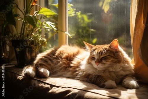the feline rests under the sunlight streaming into the flat. Generative AI