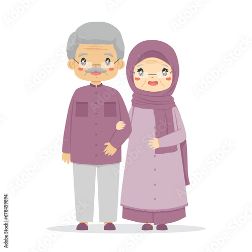 Happy Muslim grandparents in purple clothes, grandmother holding onto grandfather's arm. Muslim family portrait, cartoon characters vector.