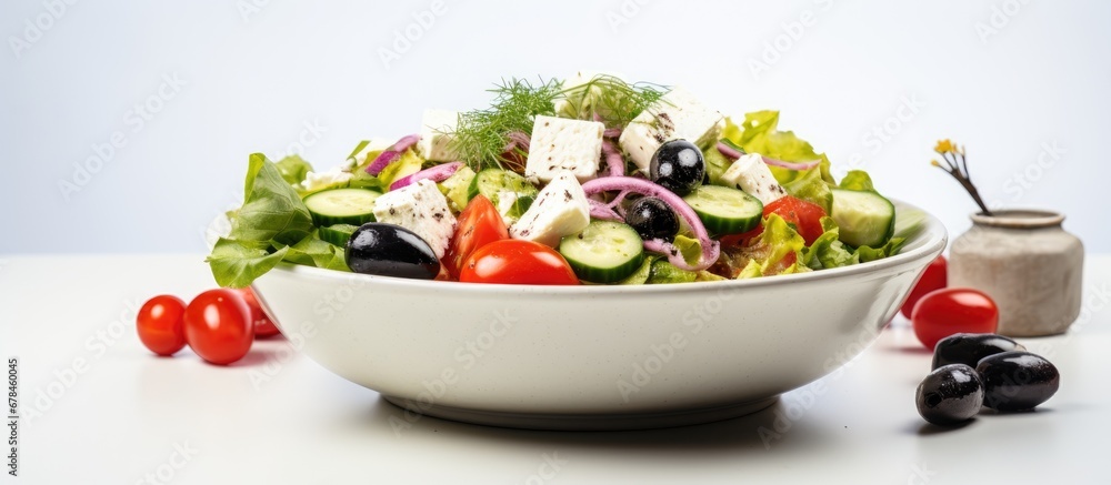 Concept for menu Greek salad with vegetables feta and olives Concept for menu Greek salad with vegetables feta and olives