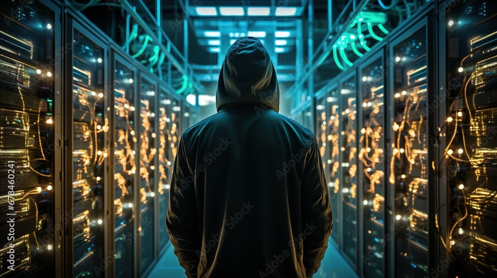 Cybersecurity Breach: Hacker Silhouette Among Illuminated Servers Cybersecurity Breach: Hacker Silhouette Among Illuminated Servers
