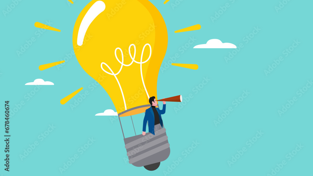 Φωτογραφία Illustration of a businessman riding a light bulb-shaped hot air balloon to obse