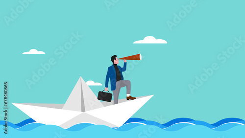 Illustration of a businessman sailing on a paper boat while scouting for business opportunities using a telescope  business opportunities