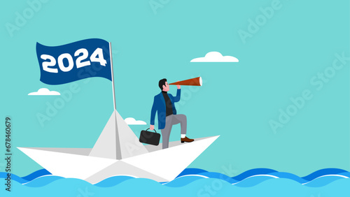 Illustration of a businessman sailing on a paper boat with 2024 waving flag while scouting for business opportunities using a telescope, business opportunities, happy new year 2024