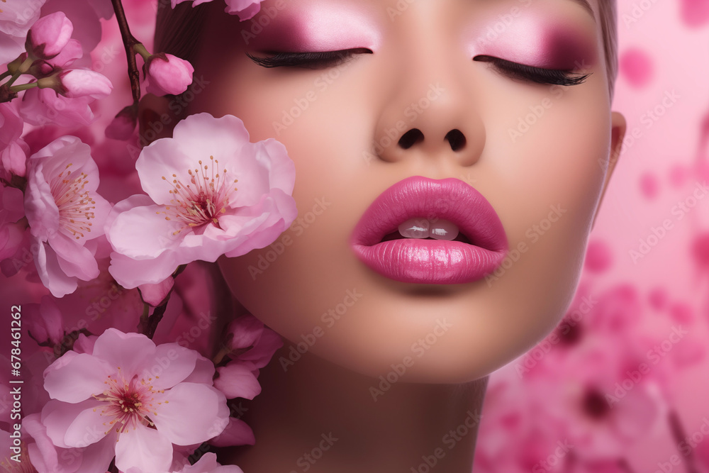 Full pink lips amidst a cascade of cherry blossoms, a fusion of nature and feminine allure