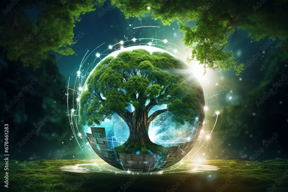 Digital ball with tree amidst nature and a technology backdrop, representing ecology, energy, environment, green technology, and ethical concepts. Generative AI