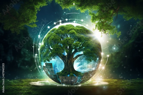 Digital ball with tree amidst nature and a technology backdrop  representing ecology  energy  environment  green technology  and ethical concepts. Generative AI