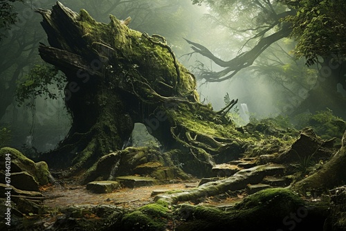 Scene with moss covered fallen tree in a fantasy setting. Generative AI