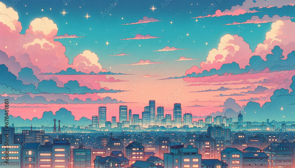 Fototapeta premium Skyline of the city at sunset with clouds and stars in japanese anime style illustration. Generative AI.