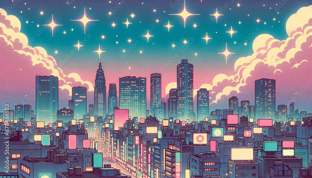 City at night with neon lights and clouds in the sky in japanese anime style illustration. Generative AI.