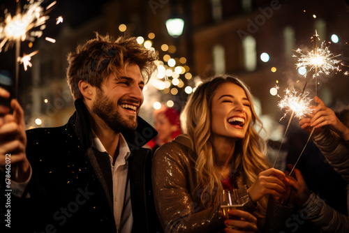 Young couple celebrate New Years eve party while holding sparklers outside