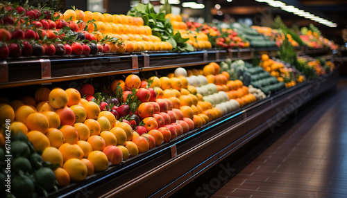 Fresh fruits and vegetables, organic and healthy, fill supermarket shelves generated by AI