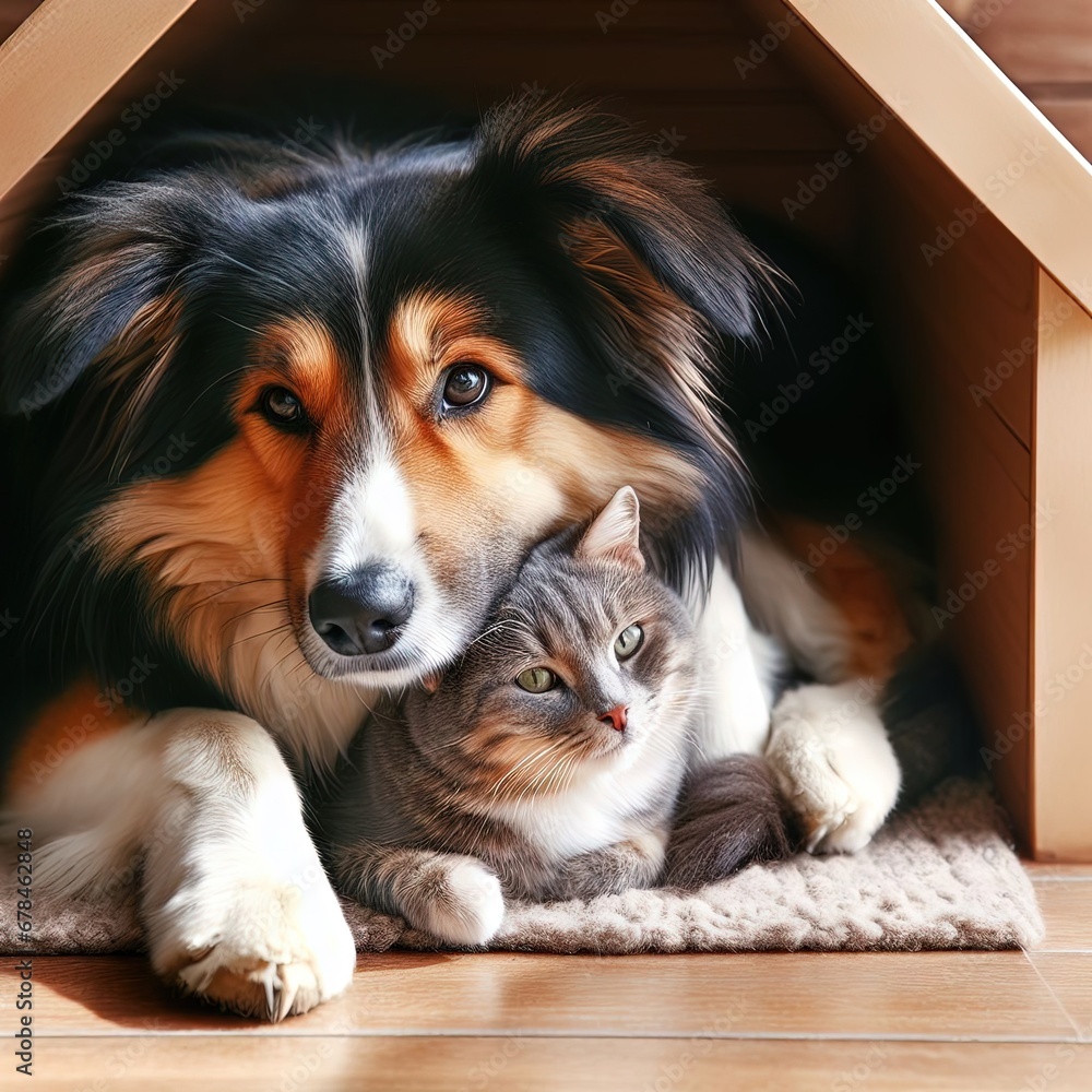 Together, a dog and a cat cuddle under the house, showcasing the heartwarming bond of animal friendship.