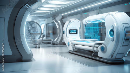 A futuristic medical facility with state-of-the-art equipment