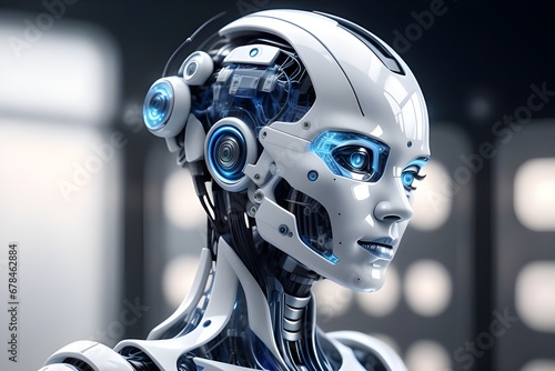 Futuristic blue and white robot with artificial intelligence